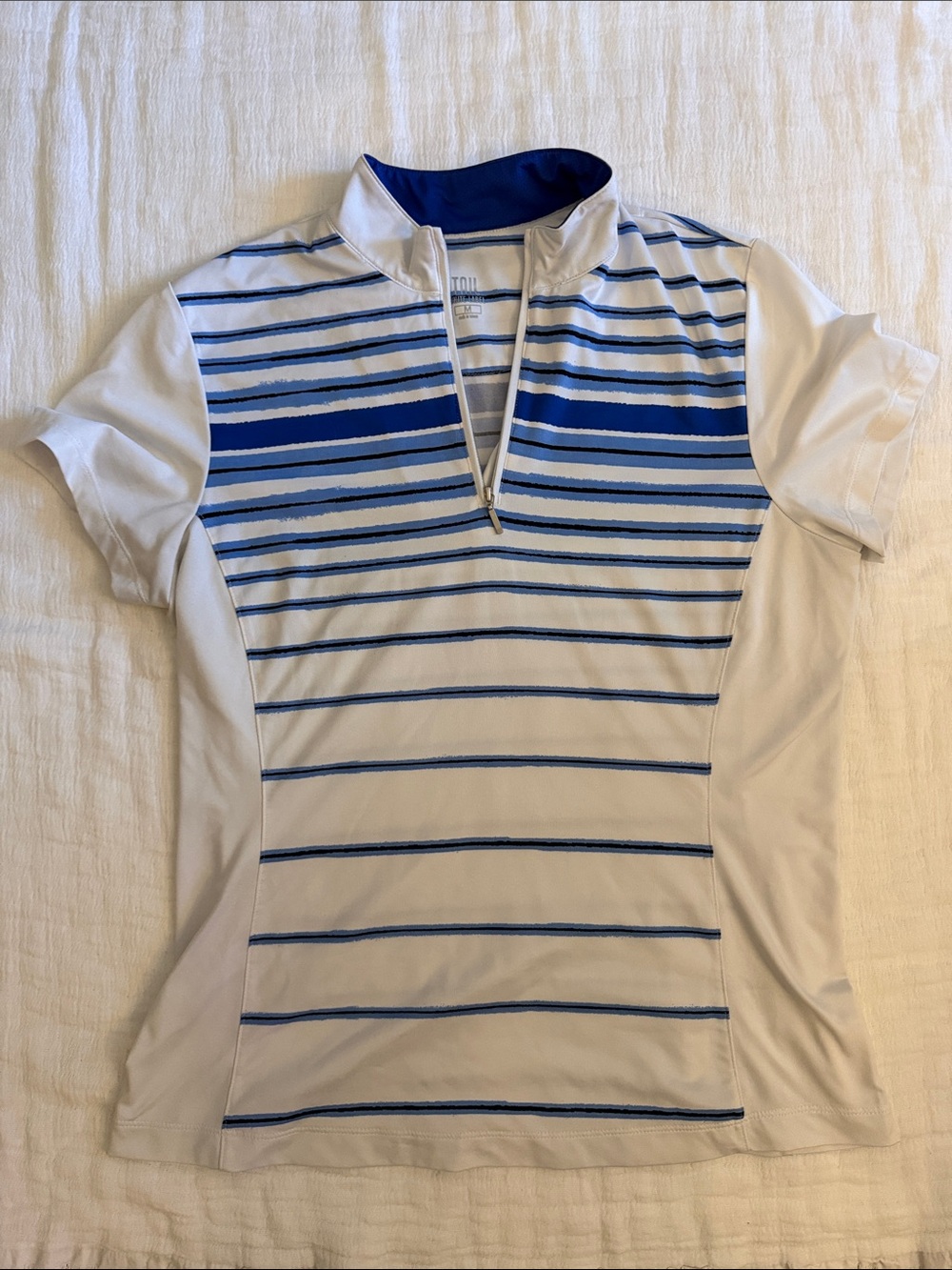Women's Golf Polo White & Blue Striped Short-Sleeve- Size M- TAIL